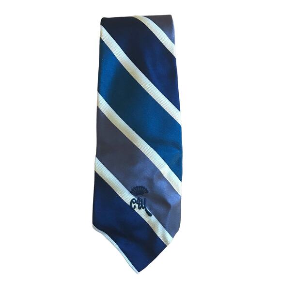 Vintage Countess Wara Striped Tie, Grey Navy Teal Gold Tie, Woolf Brothers - Picture 2 of 5